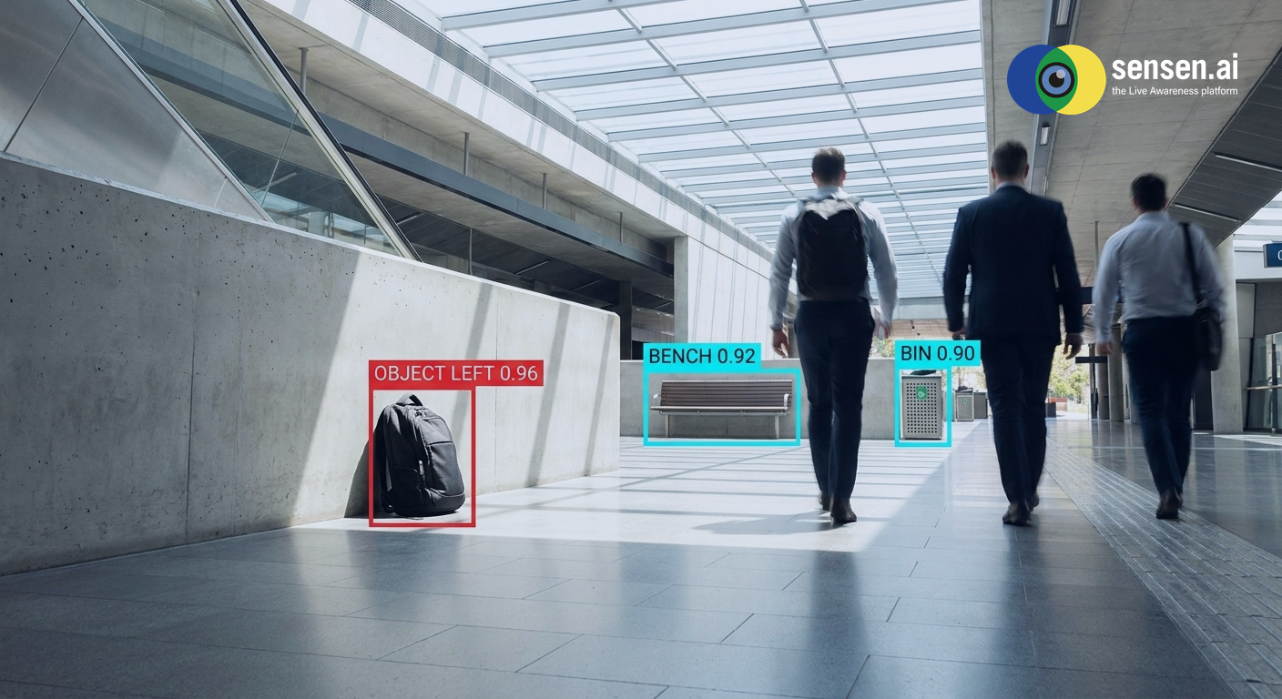 CCTV video analytics flagging an unattended bag left in a public transport interchange, shown with a red detection box