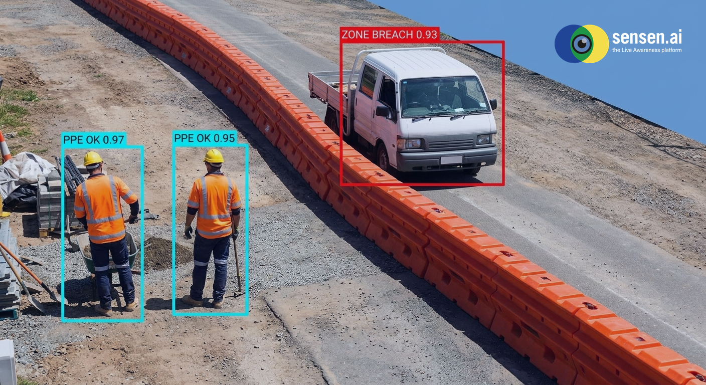CCTV video analytics checking PPE compliance and a vehicle inside a restricted zone at a council worksite