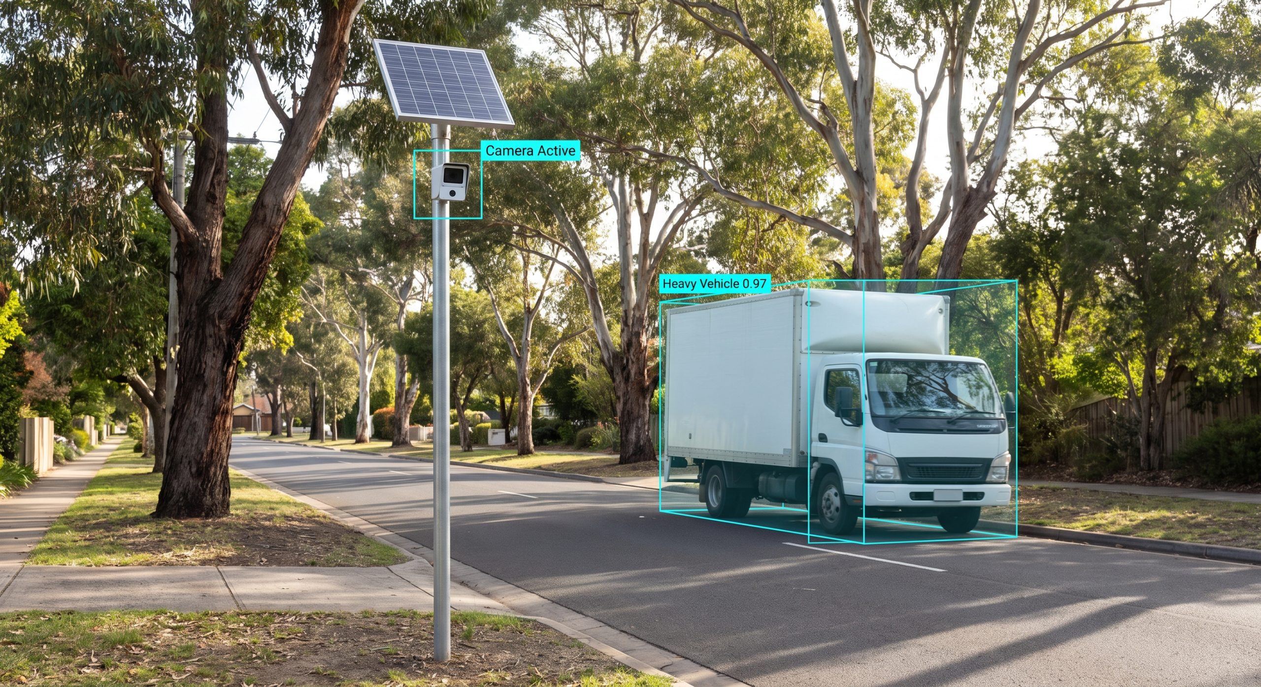 Solar-powered pole camera running camera-based parking enforcement on a residential street.