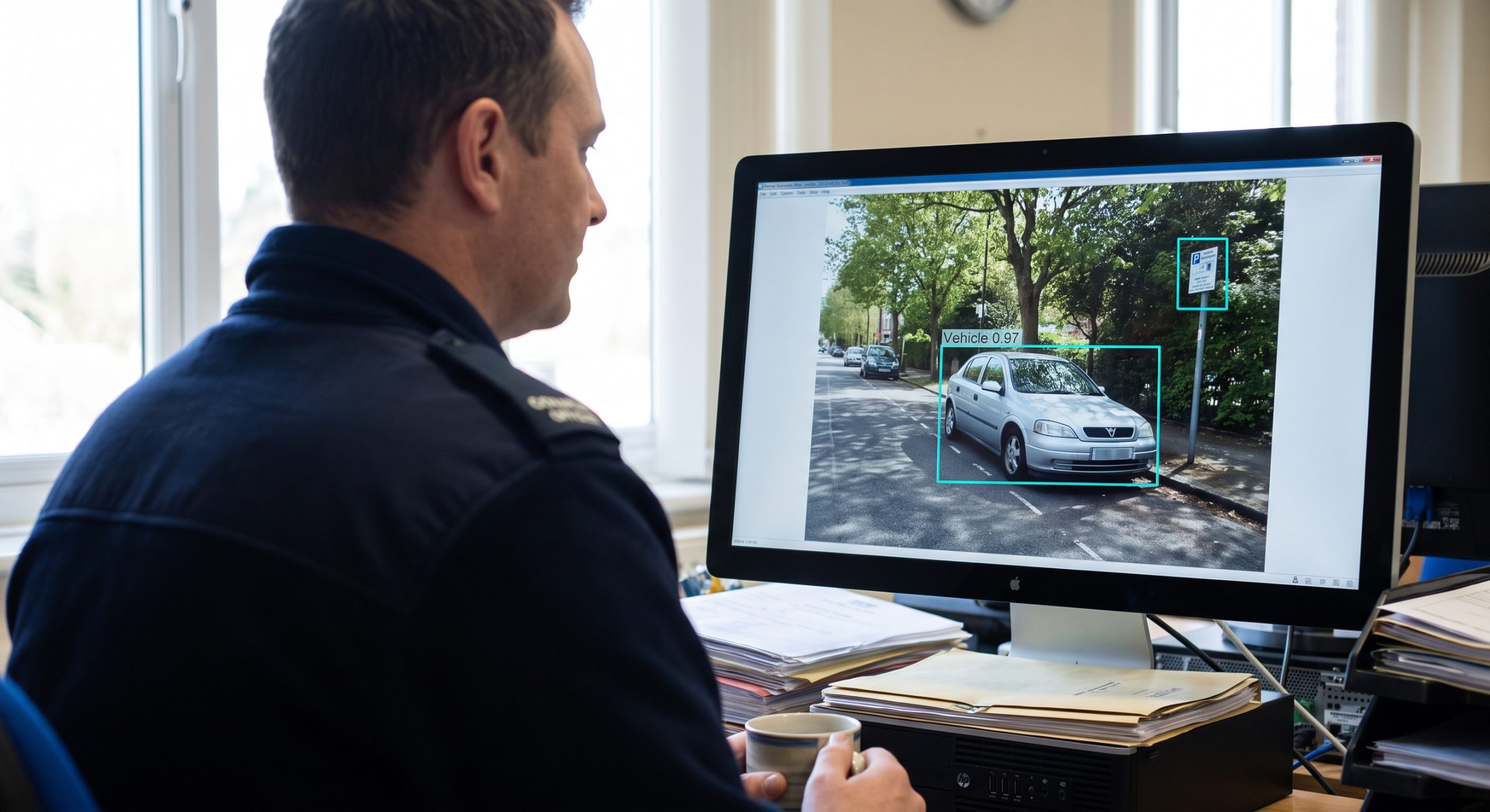 Council officer reviewing camera-based parking enforcement evidence at an office workstation.