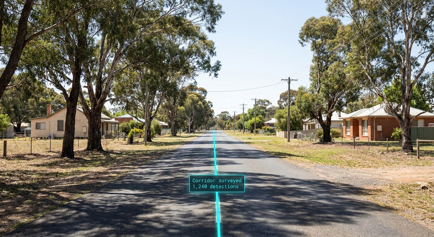 AI road condition assessment tracing a surveyed corridor across a regional council road network
