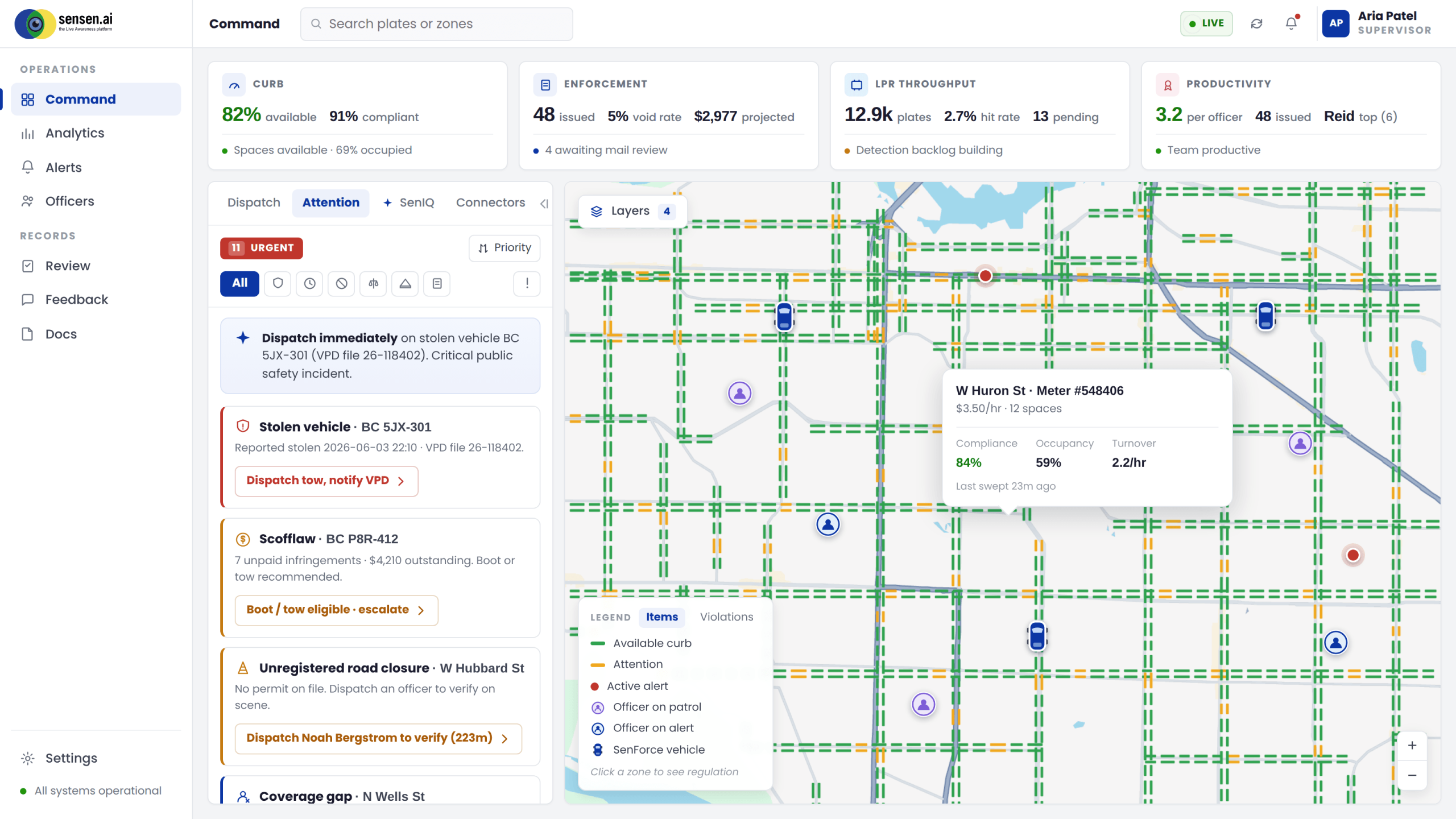 SenOPS command center: live curb map with compliance, occupancy, dispatch and plain-English answers