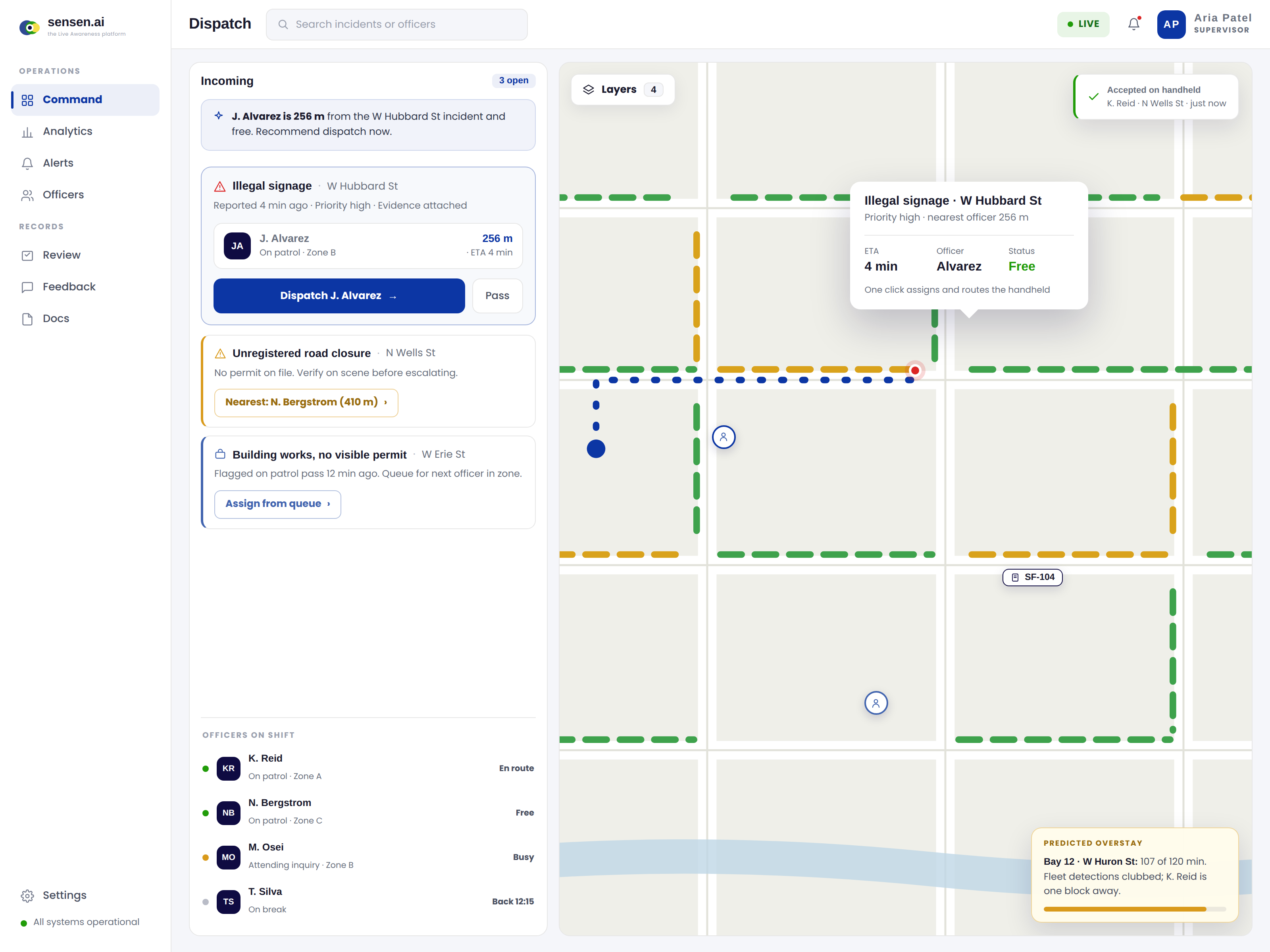 SenOPS dispatch: nearest officer, one-click assignment and predicted overstays