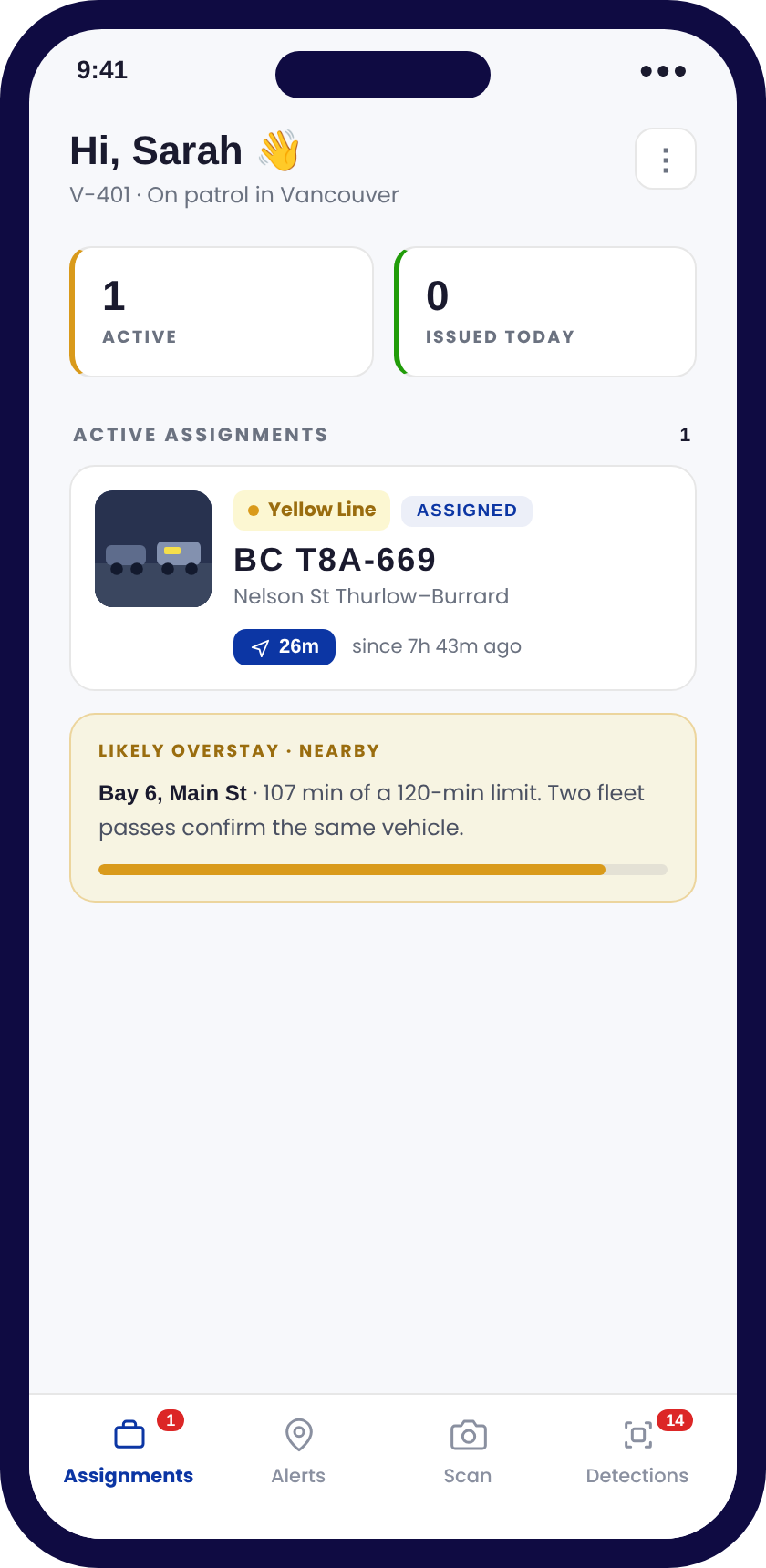 SenOPS officer app: an active assignment and a predicted overstay nearby