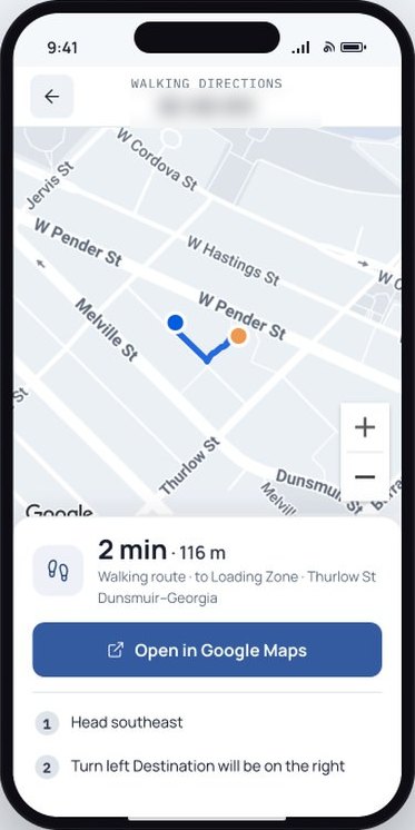 Walking directions on the officer's phone leading to a loading zone two minutes away