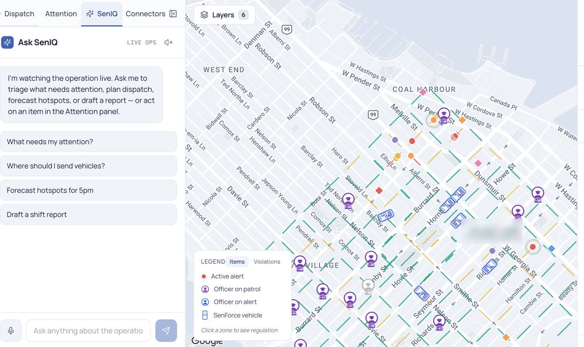 SenIQ: a chat panel offering to triage attention, plan dispatch, forecast hotspots or draft a report, beside a live map of officers and vehicles