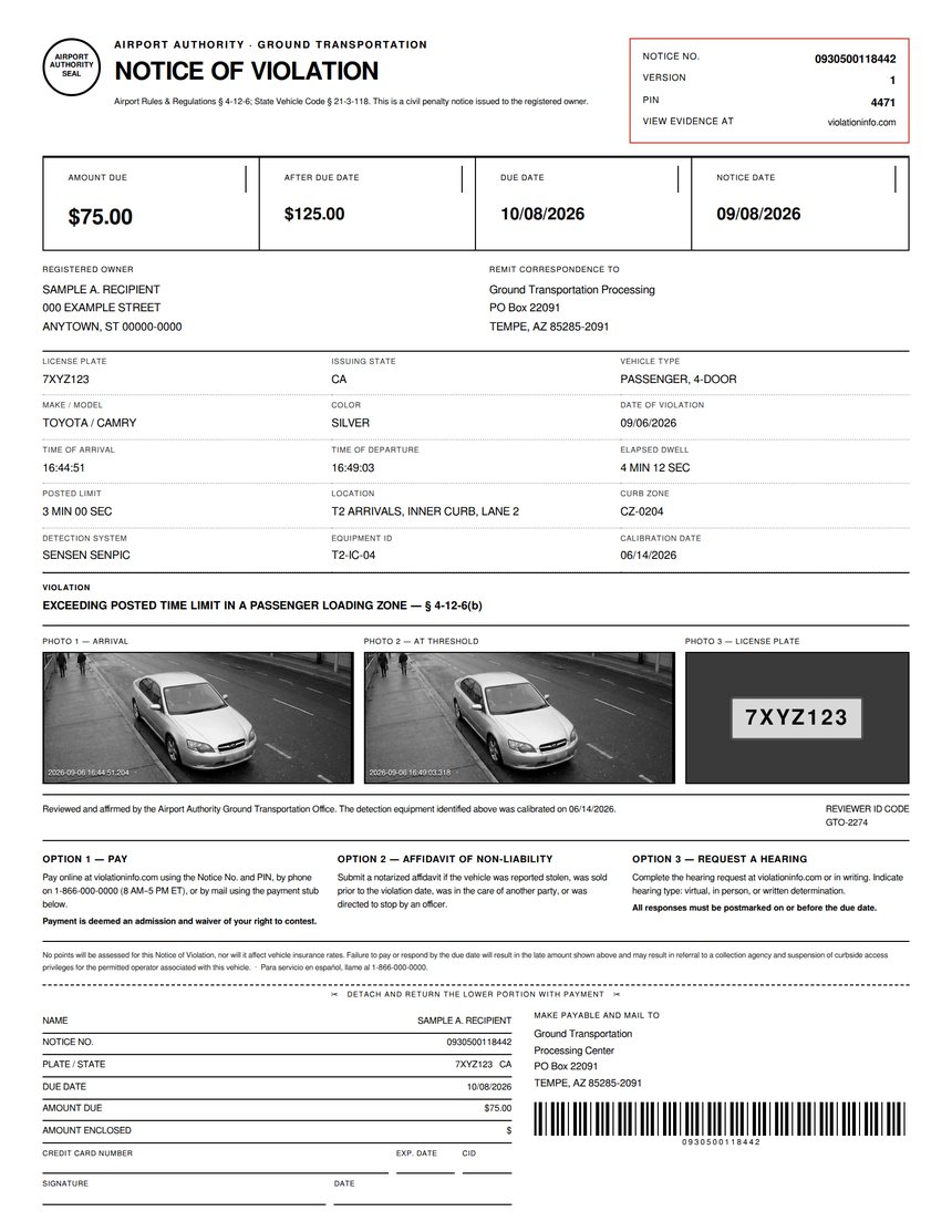 Notice of violation prepared for postal issue, with the credential block, evidence photographs, plate close-up and payment stub